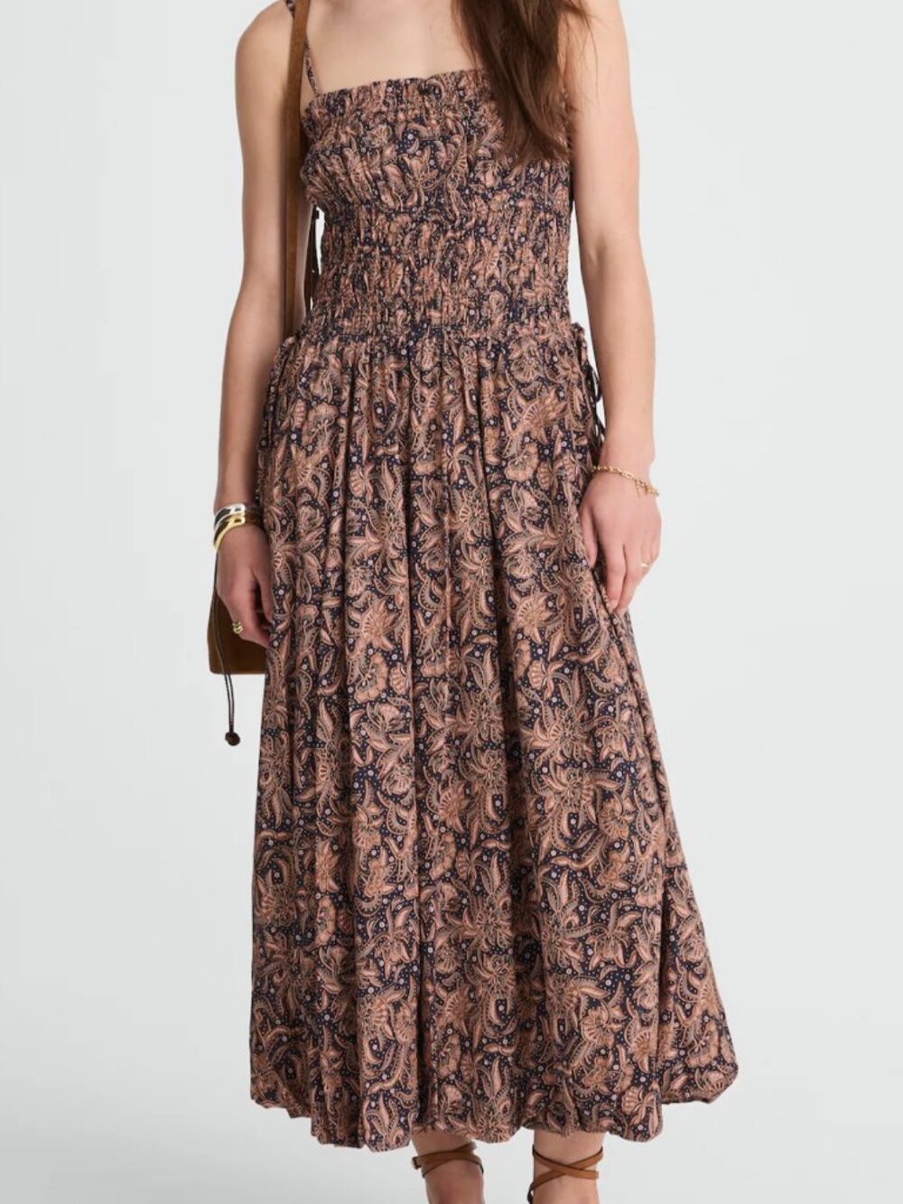 Madewell Smocked Bubble Hem Midi Dress Paisley Juniper Berry Size 0 NWT